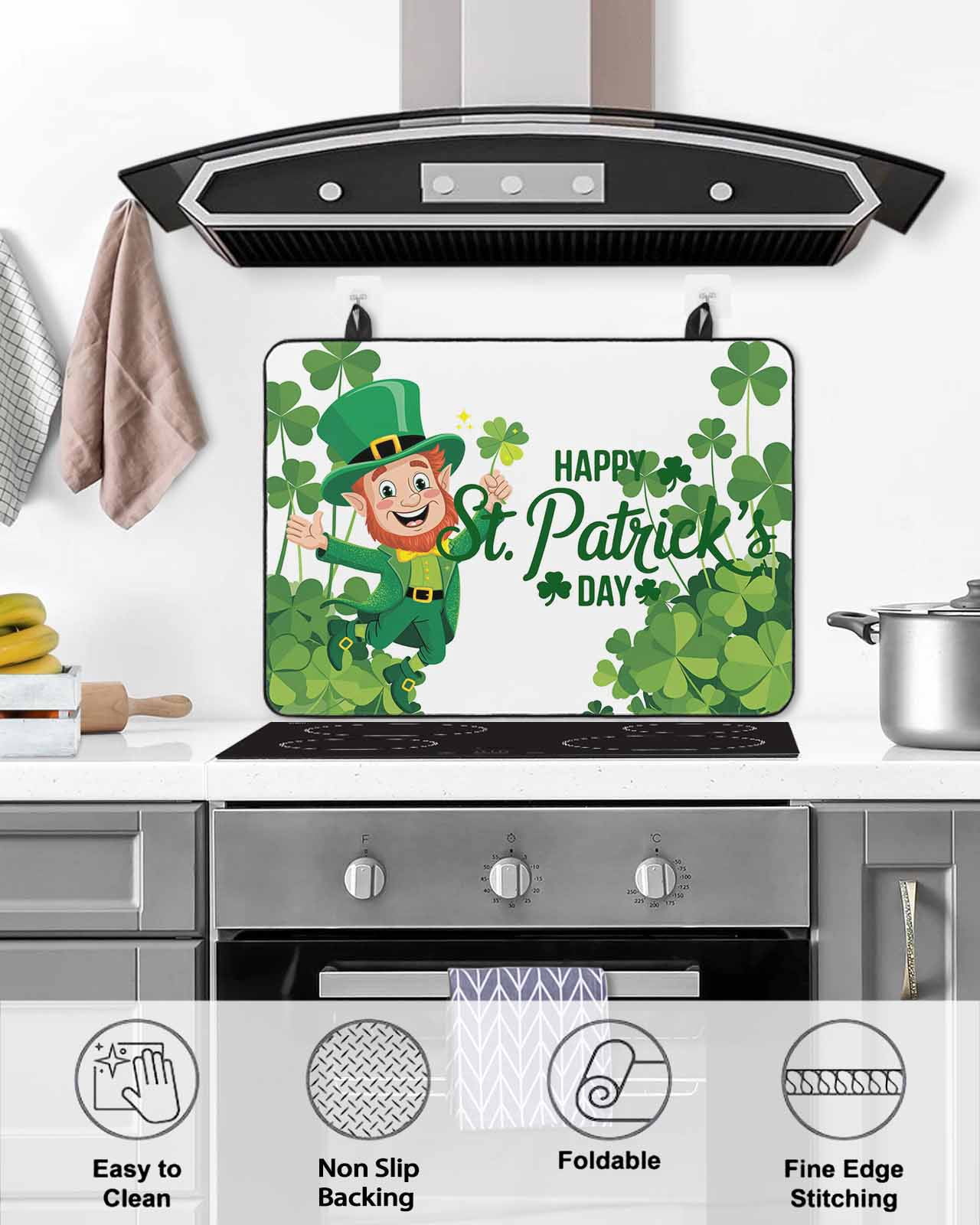 Large Induction Cooktop Protector Mat Happy St. Patrick's Day Stove Top Covers for Electric Stove, Cartoon Green Elf Lucky Shamrock Decorative Stove Burner Cover Mats, Glass Top Stove Cover