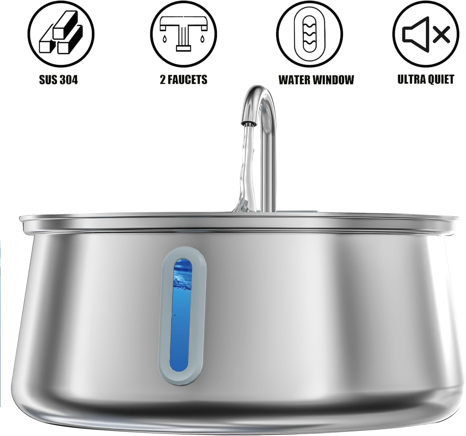 Stainless Steel Cat Water Fountain,Pet Water Fountain 4L/135oz Large Capacity,Dog Water Dispenser with Water Level Window, Multiple Filtration, Quiet Automatic Pet Fountain Easy Clean,2Faucet