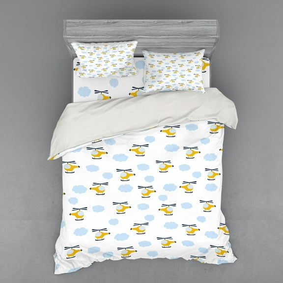 Ambesonne Cartoon Bedding Set 4 Pcs, Aircraft in Clouds, Queen, Yellow Blue