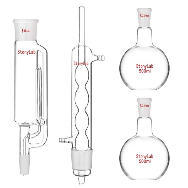 StonyLab Aparato de extracción tipo Soxhlet de 500 ml Extractor Soxhlet 45/40 de vidrio de borosilicato con condensador Allihn y 2 matraces de fondo plano de 500 ml con unidad completa de junta 24/40