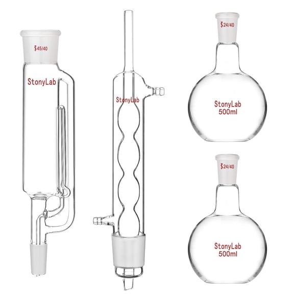 StonyLab Aparato de extracción tipo Soxhlet de 500 ml Extractor Soxhlet 45/40 de vidrio de borosilicato con condensador Allihn y 2 matraces de fondo plano de 500 ml con unidad completa de junta 24/40