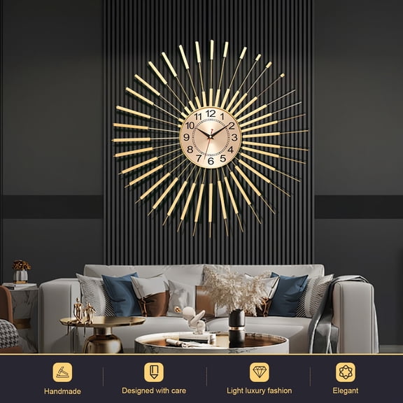 24 Inch Large Modern Round Wall Clock - Silent Non-Ticking Golden Metal - Suitable for Living Room, Kitchen, Office - Large Wall Clock for Decor, Quiet Operation, Elegant Arched