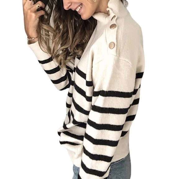 Minnieouse Suéter elegante suave de punto de manga larga a rayas suéteres Casual cuello alto ropa niñas señoras primavera Prendas para la parte del cuerpo Beige L