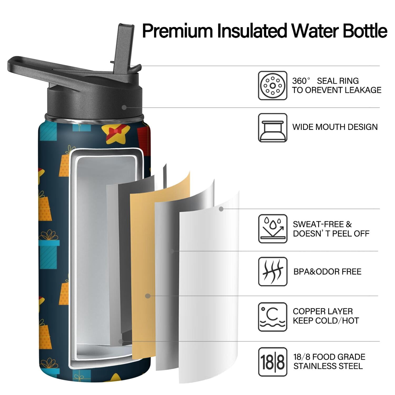 Christmas 18 oz Insulated Stainless Steel Water Bottle with Straw & Cleaning Brush , Leakproof, BPA-Free, 304 Stainless Steel, Wide Mouth, Travel Mug for Car, Gym, Office