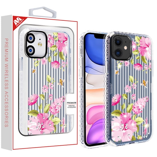 Apple Iphone 11 Phone Case Clear Bling Diamonds Rhinestone With Flowers Floral Printed Hybrid Rigid Back Plate Hard Tpu Cover Shockproof Protective Grip Slim Pink Periwinkle For Iphone 11 6 1