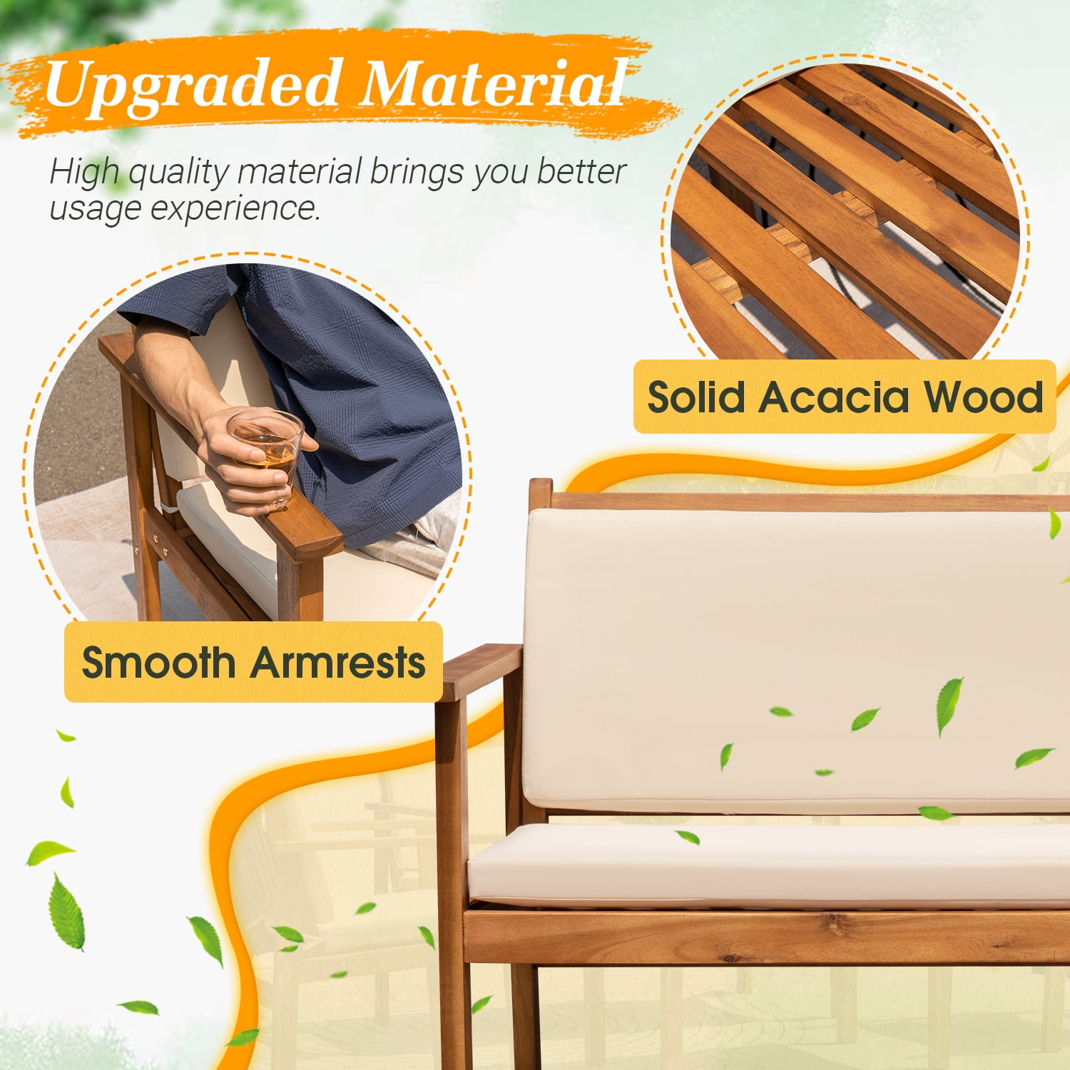 Devoko 4 Pieces Wood Patio Conversation Set Acacia Outdoor Furniture Set with Cushions and Side Table Beige