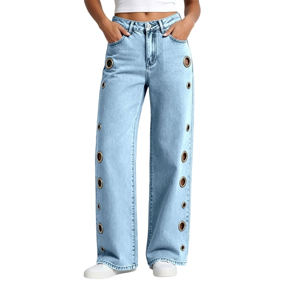 Levmjia Women Wide Leg Jeans with Side Metal Grommets High Waisted Baggy Denim Pants Streetwear Vintage Cargo Pants