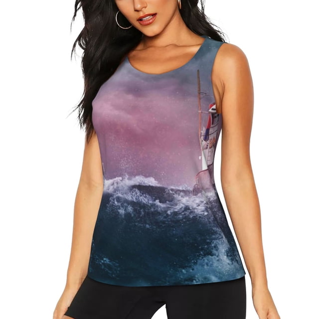Balery Boat Lighthouse Storm Waves Camiseta sin mangas estampada ligera para mujer, tops de entrenamiento sin mangas, camisetas de yoga transpirables de secado rápido.-XX-Large