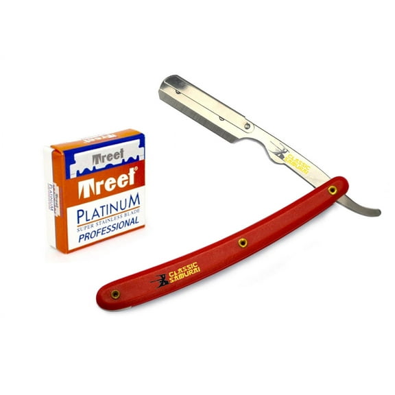 CS101 Red Stainless Steel Professional Barber Straight Edge Razor with 100 Treet Platinum Single Edge Razor Blades