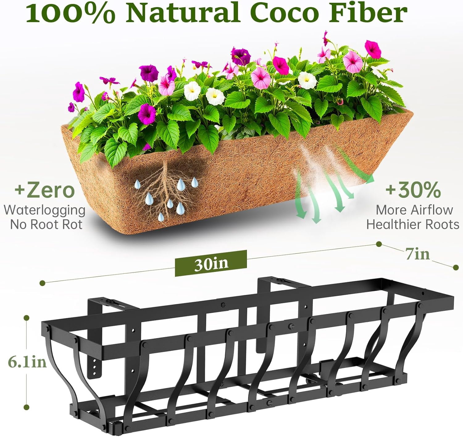 Heavy Duty Window Box Planters, Railing Planter Boxes, Adjustable Balcony Planters for Railing Hanging, with Coco Liner & Support Rod for Deck, Porch, and Patio Gardening