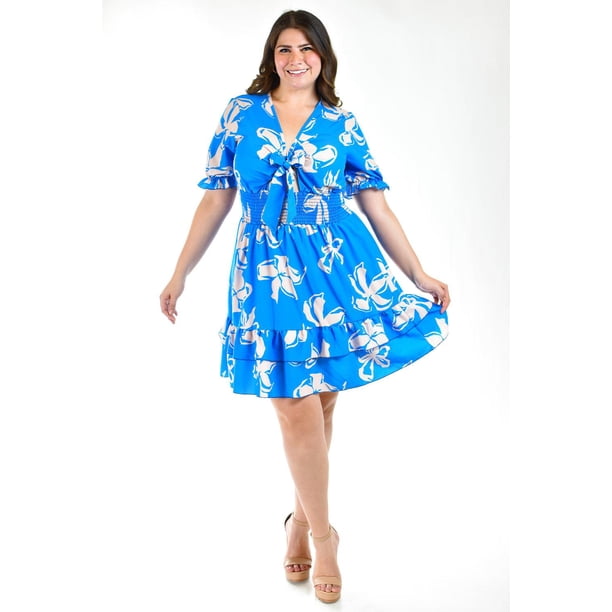 Vestido escote moño Roman Fashion Tallas Extras 4329 Azul flores 38