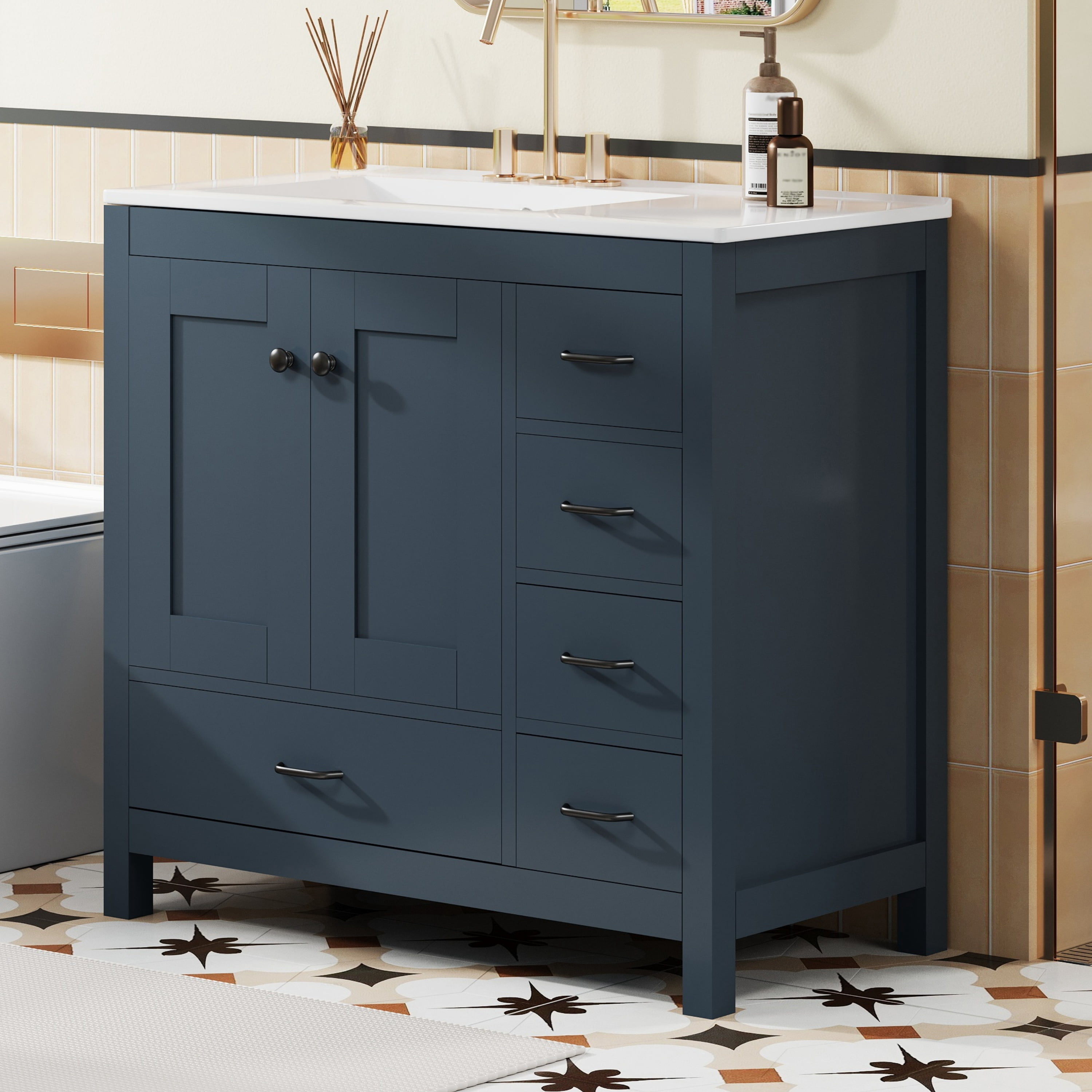Euroco 36" Blue Bathroom Vanity with Ceramic Sink Combo, Abundant Storage Cabinet -2 Soft close doors and 5 drawers