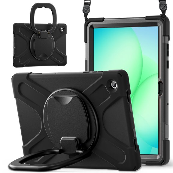 XYX Case for Samsung Galaxy Tab A11  11 inch, 360 Degree Rotating Hand Grip Shockproof Cover with Shoulder Strap, Black