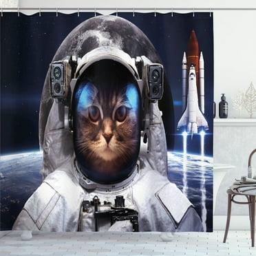 Ambesonne Space Cat Shower Curtain, Space Traveller Pet, 69"Wx70"L, Navy Blue White and Red