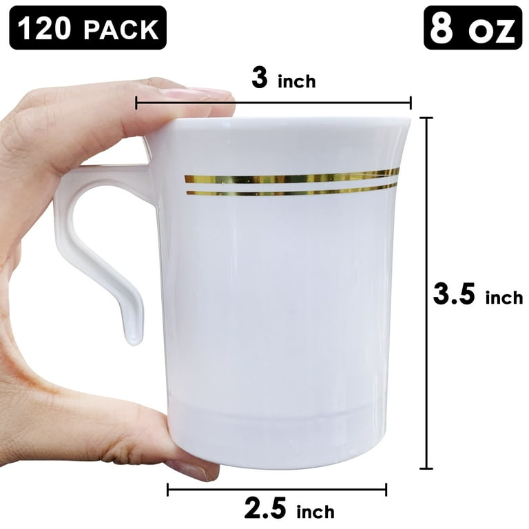 Occasions 120 Mugs Pack, Heavyweight Disposable Wedding Party Plastic 8 oz Coffee Mugs /tea Cups/Cappuccino Cups/Espresso Cup with Handles (8 oz Mugs