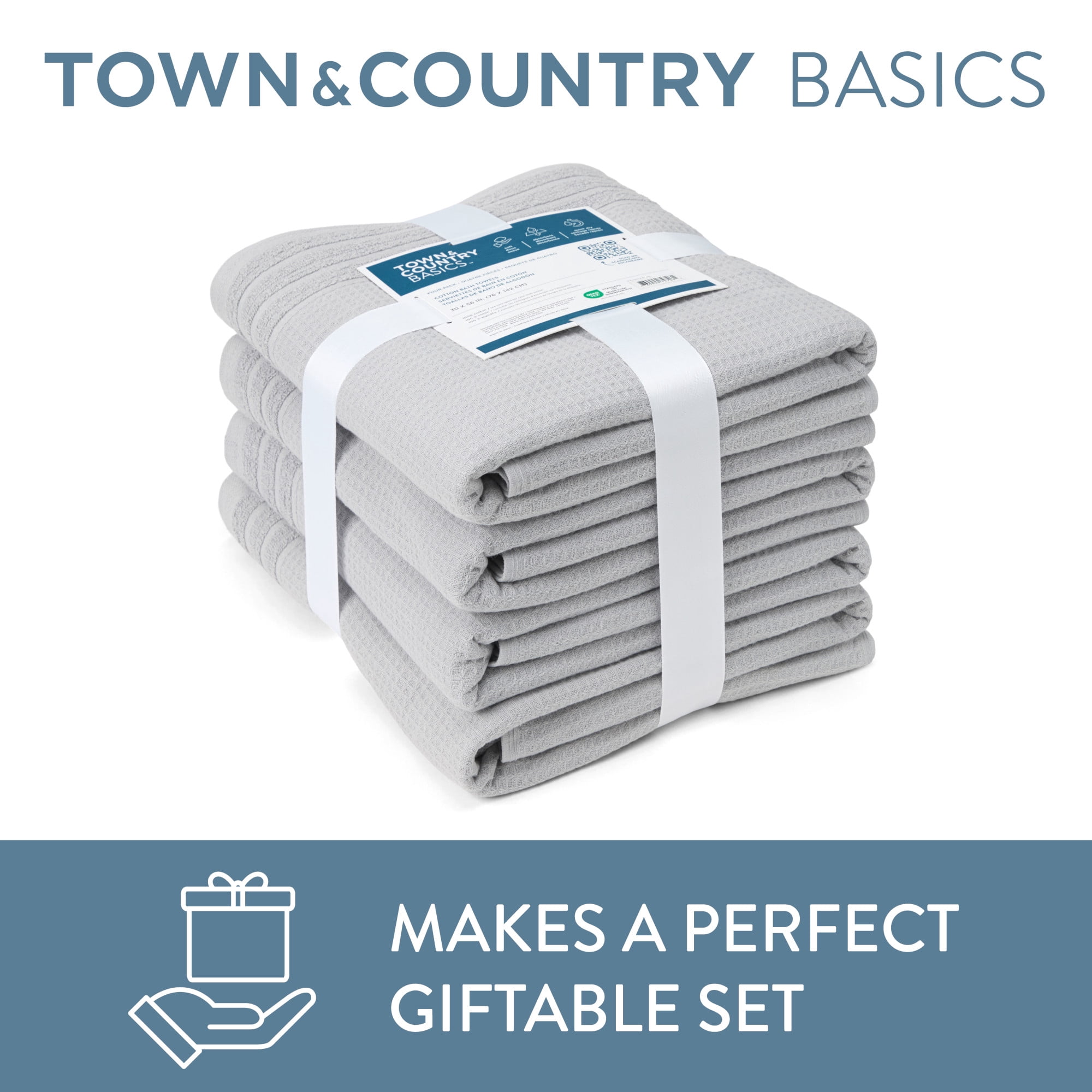 TOWN & COUNTRY BASICS 6-Piece Assorted Waffle Woven Terry Stripe Set, 2 Bath Towel, 2 Hand Towel, 2 Washcloth, 100% Cotton, Quick Dry, Gray