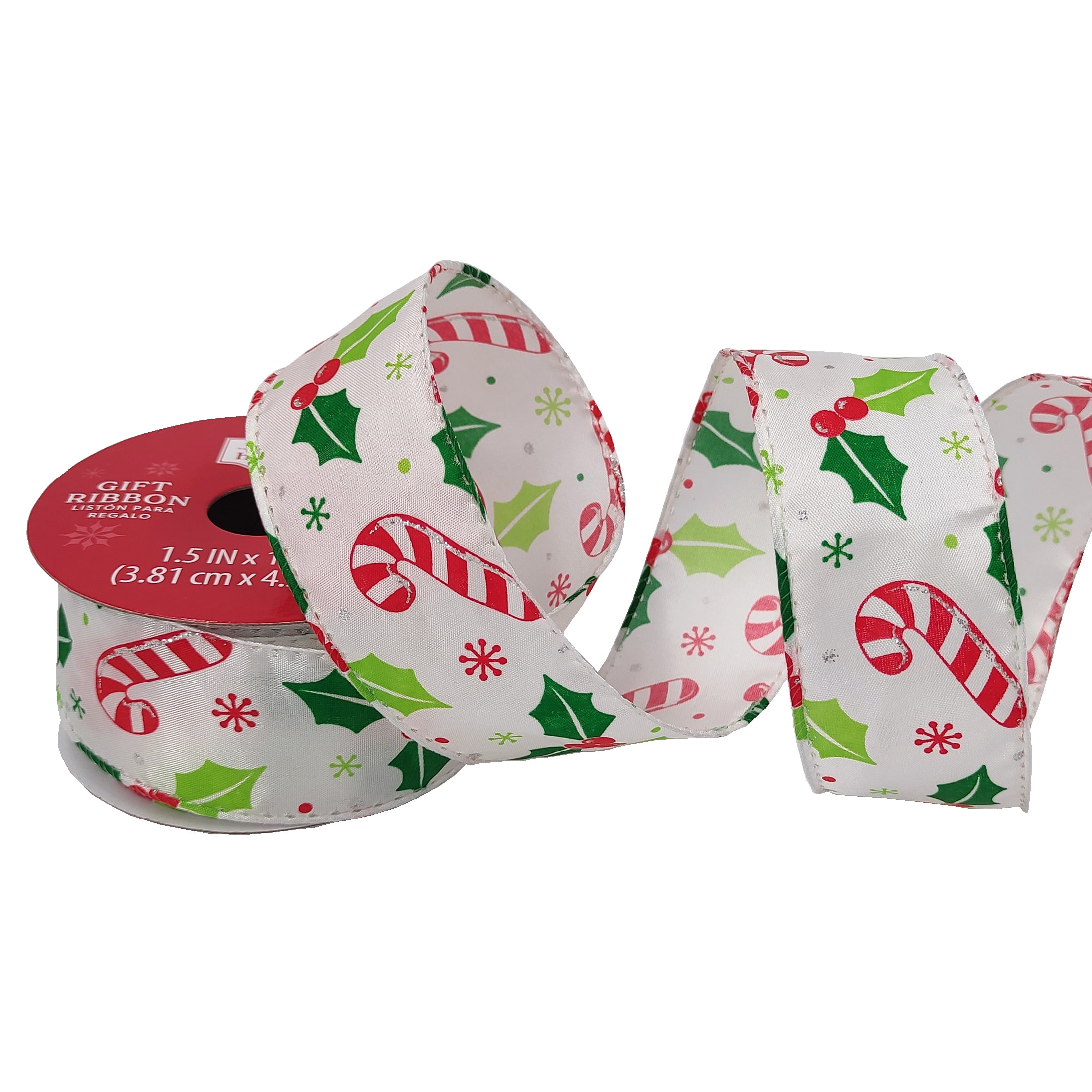 Holiday Time Gift Wrap Fabric Ribbon, Candycane/Holly, Red/Green/White, 1.5"/15'