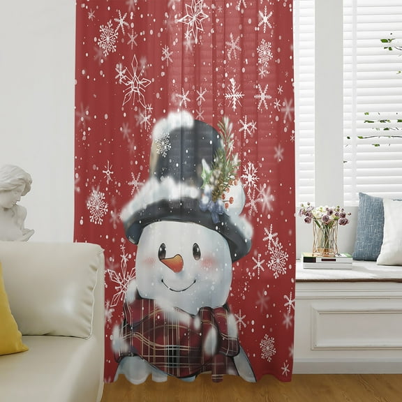 Christmas Semi Sheer Curtains Drapes for Living Room, Bedroom, French Doors Window 72 Inches Long, Red Snowman Pine Cones Xmas Winter Snowflake Rod Pocket Chiffon Curtain Drapery Voile Drape Panel