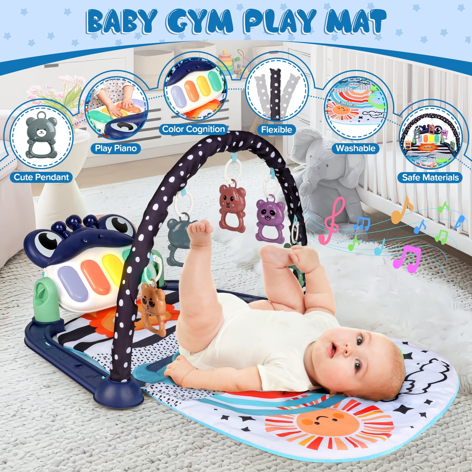 UUSUOO Baby Gym Play Mat,Kick and Play Piano Gym Tummy Time Activity Mat with 5 Infant Sensory Toys,Music and Lights, Boys & Girls Gift for Newborns 0-3-6-9-12 Months