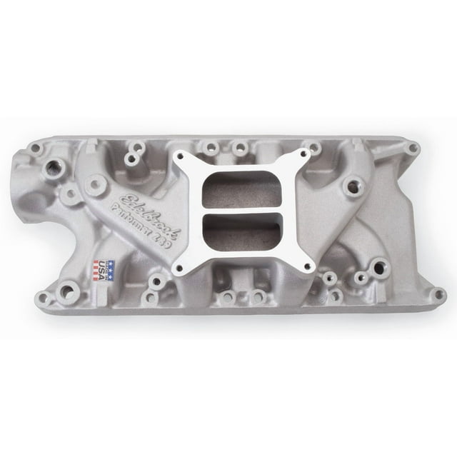 Edelbrock Intake Manifold 2121 Performer; Idle-5500 RPM Range; Dual-Plane/Non-EGR; 4-Barrel Square-Bore Carburetor; Aluminum; Natural