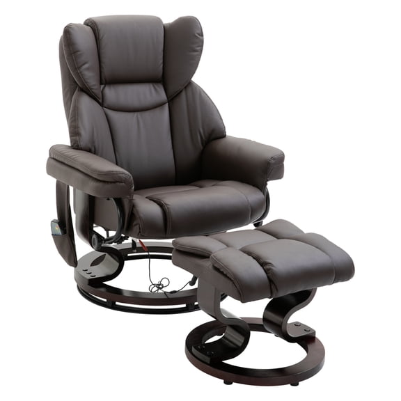 Massage Recliner Chair with Ottoman Footrest, 10 Vibration Points, 360° Swivel Reclining Chair, Faux Leather Living Room Chair with Side Pocket and Control, Brown