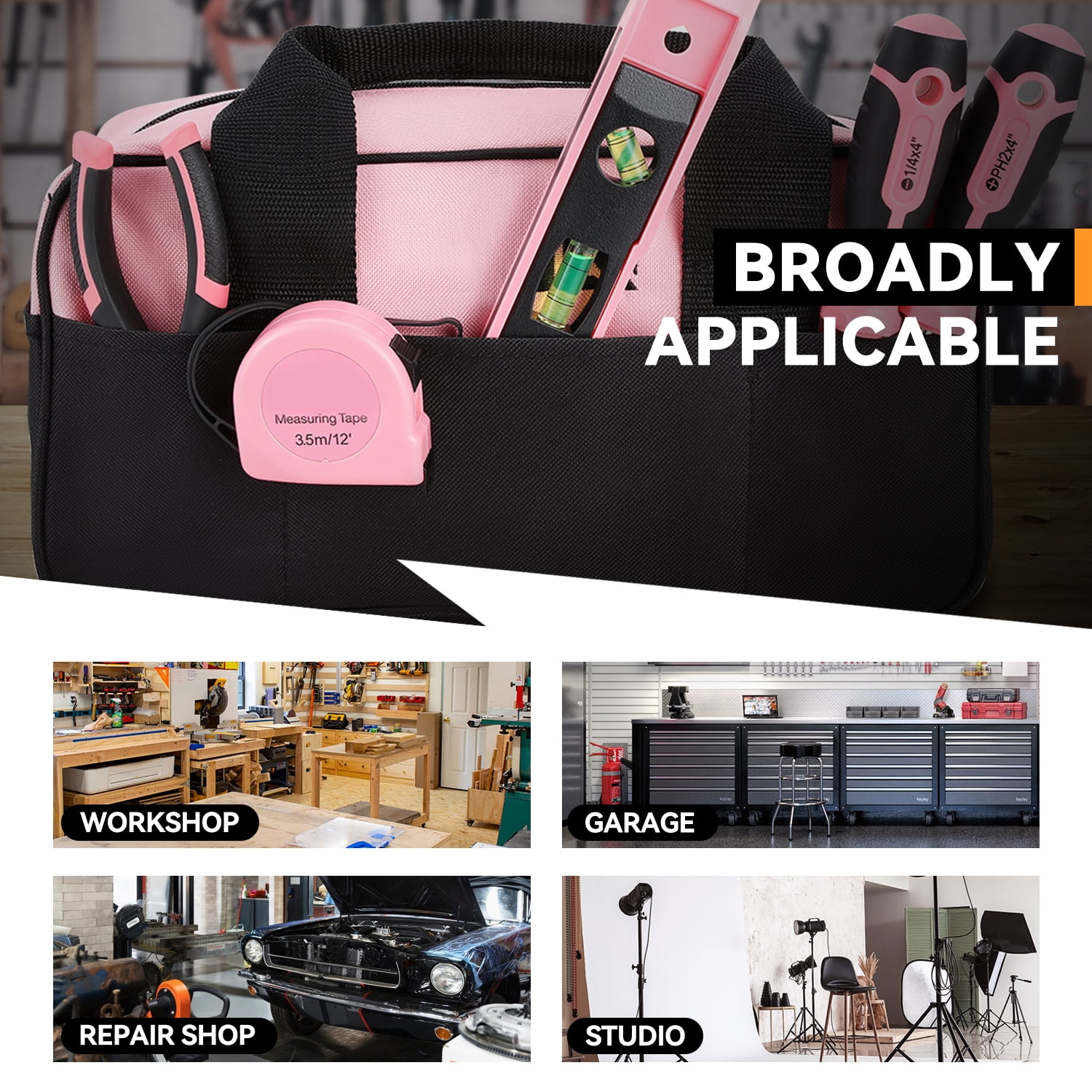 7-Piece Tool Set - Portable Household Hand Tool Kit with Wide Mouth Canvas Storage Bag for DIY Home Repairing, Gift for Women Girls Ladies, Pink