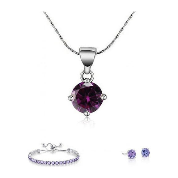 Bonjour Jewelers 10k White Gold 7 Ct Round Created Tanzanite Set Of Necklace, Earrings And Bracelet Plated