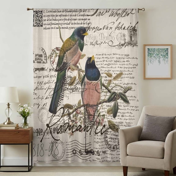 Vintage Birds Sheer Curtains 96 Inches Long, Country Envelope Postmark Farmhouse Botancial Light Filering Curtains, Privacy Drapes Simi Floor to Veiling Curtain for Living Room Large Window Treatment