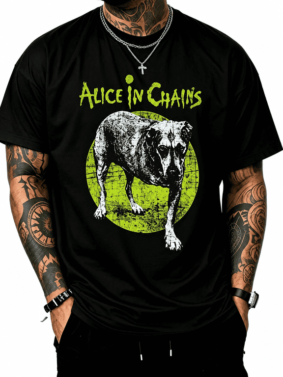 Men's Crew Neck Short Sleeve Graphic T-Shirt, Alice in Chains Band Inspired Dog Print Casual Tee