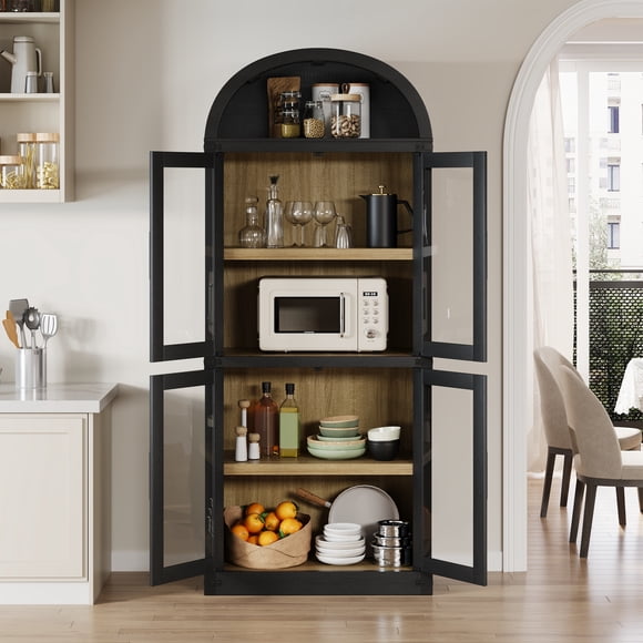 BeesClover Arched 6-Shelf Bookcase with Glass Doors, Modern Wooden Display Cabinet with Storage Shelves for Books, Décor and Collectibles