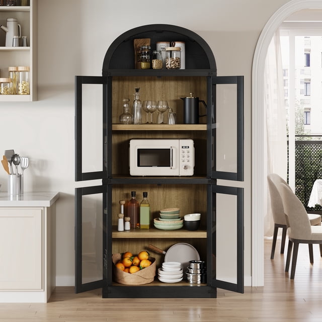 BeesClover Bibliothèque Arquée à 6 Tablettes avec Portes en Verre, Armoire d'Exposition Moderne en Bois avec Tablettes de Rangement pour Livres, Décor et Objets de Collection