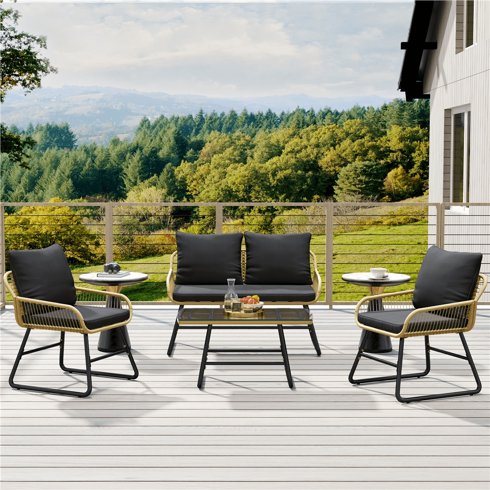 Renwick 4-Piece Patio Wicker Conversation Set with Loveseat, Table, 2 Chairs, Tan/Black