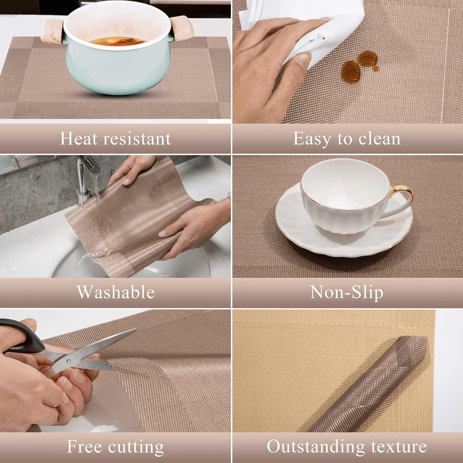 Ludlz Elegant Placemats Woven Vinyl Placemat Non-Slip Heat Resistant  Kitchen Table Mats Easy to Clean Round Cup Coasters Heat Insulated Bowl  Plate Mat