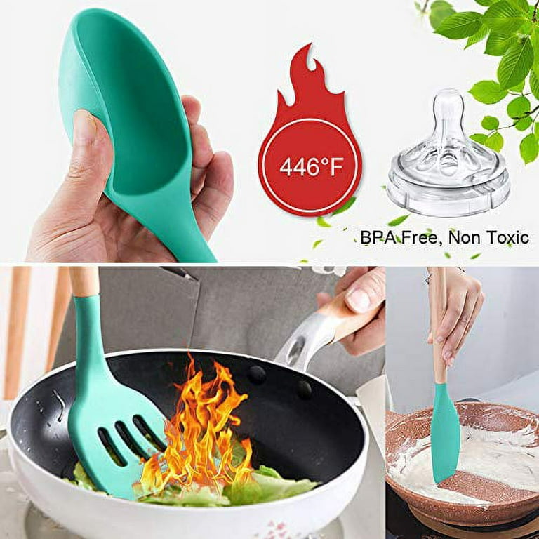 14 Pcs Silicone Cooking Utensils Kitchen Utensil Set - 446Â°F Heat  Resistant,Turner Tongs,Spatula,Spoon,Brush,Whisk. Wooden Handles Teal  Kitchen Gadgets Set for Nonstick Cookware (BPA Free Non Toxic) 