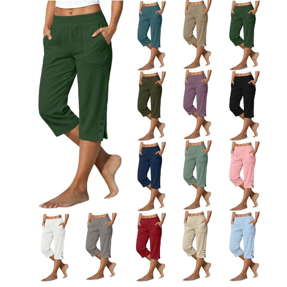 Women's Cotton Blend Capri Pants, Elastic Waist Cropped Trousers with Pockets for Summer and Everyday Wear,Army Green,Women's Capri L