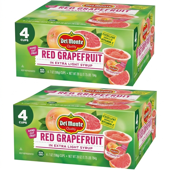 Del Monte Red Grapefruit in Extra Light Syrup, 7 oz Fruit Cups, 2 Pack, 8 Ready-to-Eat Snack Cups