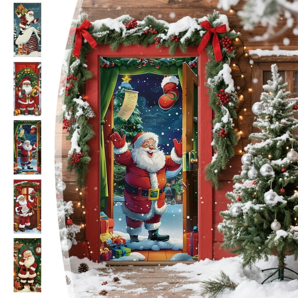 Decoración Navideña para Puerta con Diseño de Papá Noel Entregando Regalos | Fondo para Fiestas Navideñas | 91 X 203 Cm | Multicolor | Nylon, Spandex | 1 Unidad