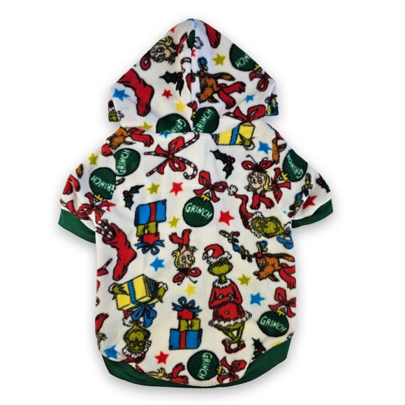 Grinch des Fêtes Manteau pour Chien 1-Pièce Coloré à Motif Intégral pour Votre Ami Poilu. Fait en Micropolaire Douillette, Cette Veste à Capuchon 1-Pièce Est Douce et Douillette.