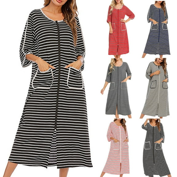 Utoimkio 3/4 Sleeve Nightgowns for Women Plus Size Front Zipper Sleepshirt Striped Print Scoop Neck Nightshirts Casual Loungewear with Pockets