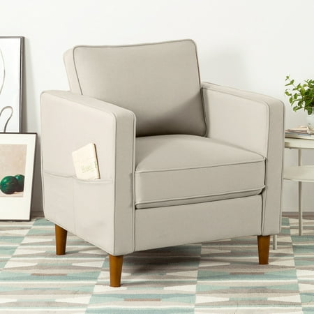 Mellow Hana Modern Fabric Armchair with Armrest Pockets  Sand Gray Beige