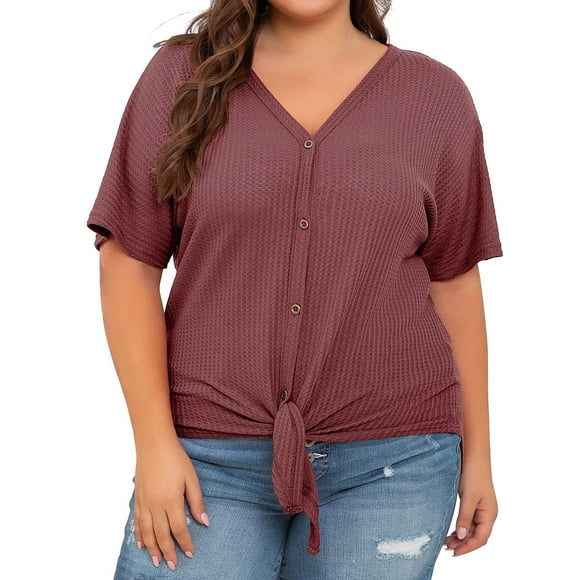 snowsong Womens Summer Tops T Shirts For Women Womens Plus Size Tops Short Sleeve V Neck Knit Tunic Blouse Tie Front Button Up T Shirts Shirts For Women Red XXL