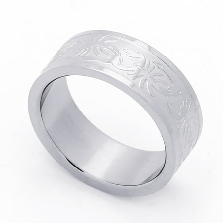 Men Women 8MM Stainless Steel Scorpion Patterned Flat Mens Wedding Band Ring (Size 8 to 14)