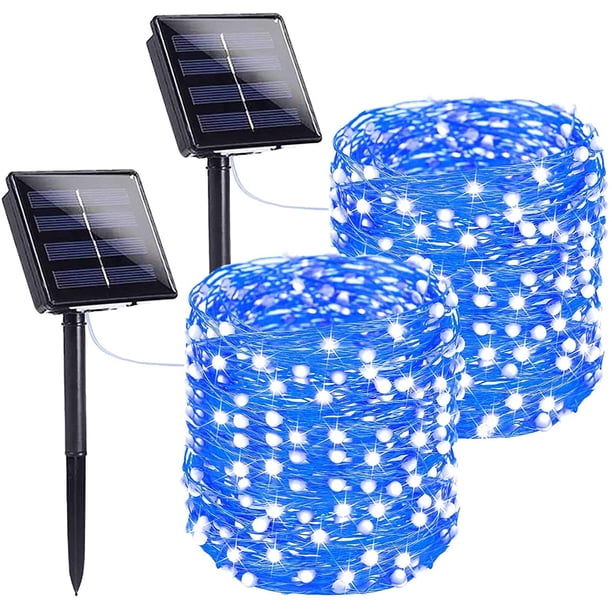 Luces solares de Halloween decoraciones de Halloween al aire libre, paquete de 2 cada uno de 72 pies 200 LED, luces solares superbrillantes de 8 modos decorativas para exteriores (azul)