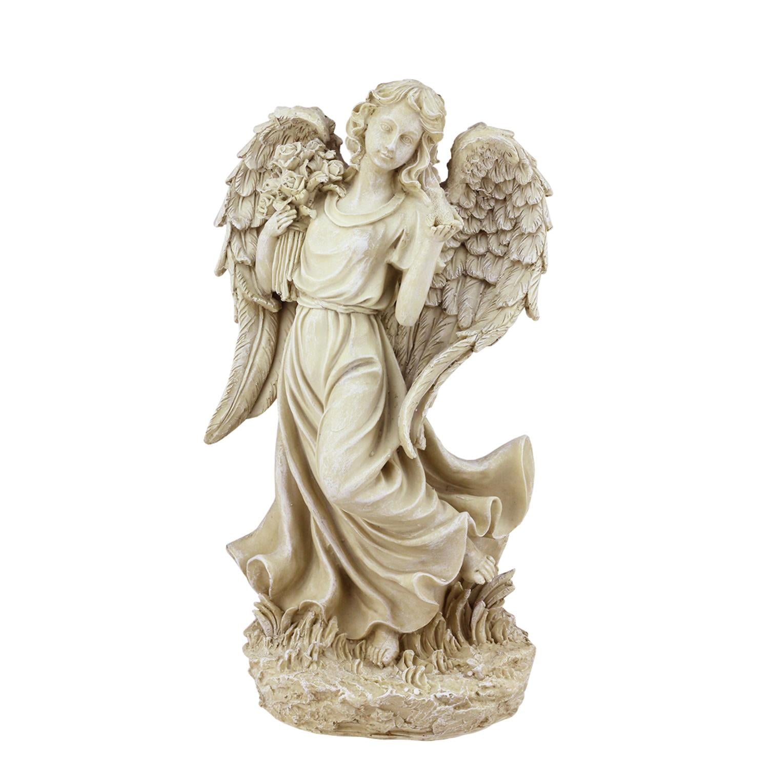 18" Heavenly Gardens Distressed Almond Brown Angel with Bird and Bouquet Outdoor... by Northlight