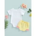 thumbnail image 4 of Infant Girls Three-piece Layette White Letters Print Short Sleeve Romper Ruffled Shorts Set with Headband, 4 of 9