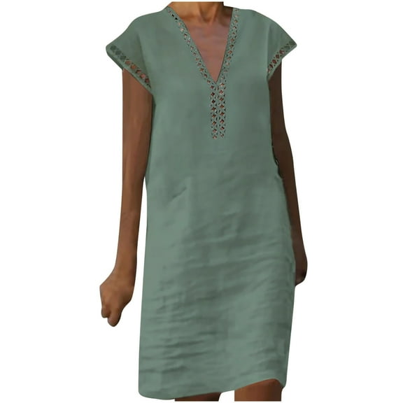 Lolmot Casual Dresses for Women Fashion Summer Casual V-Neck Cotton Linen Solid Color Short Sleeve Dress