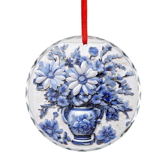 Christmas Ornament Blue And White Tile China Decor Round Shaped Glass Ornament Blue And White Porcelain Style Hanging Ornaments Xmas Tree Decor for Family Friends Lovers