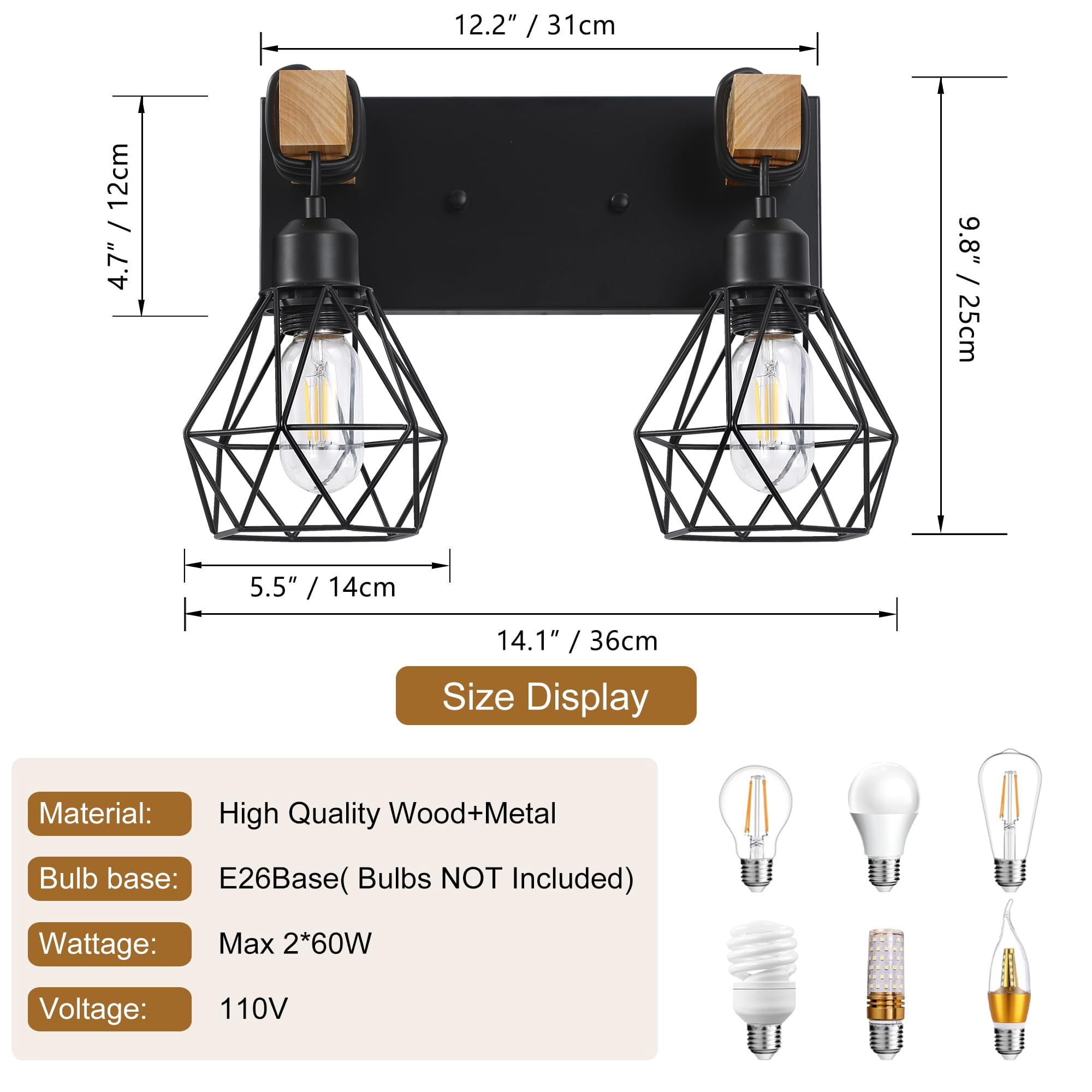 2-Light Black Vanity Light Wood Fixture Rustic Wall Lighting for Bathroom Bedroom Hallway