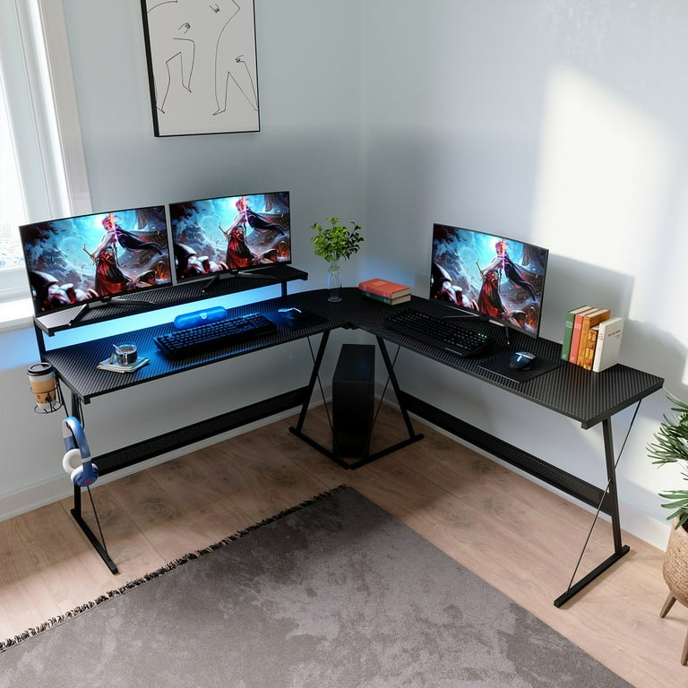 Bestier 65 in. L Shaped Gaming Desk with Monitor Stand Black Carbon Fiber Reversible Computer Desk