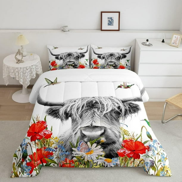 Highland Cow Comforter Set Queen, Red Poppy Floral Bedding Set for